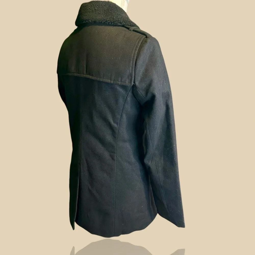 NWT Members Only Fur Collar Black Wool-Blend Double-Breasted Pea Coat Sz Small